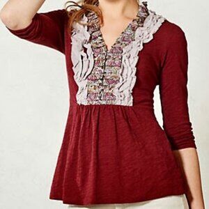 Deletta Anthropologie Ruffle Peplum Top Sz XS Maroon Fairy Cottagecore